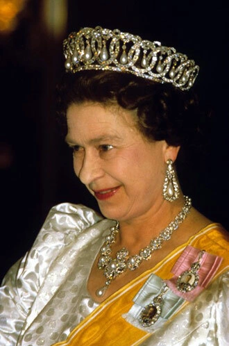 Queen Elizabeth ll, wearing the Grand Duchess Vladamir's tiara and the jubilee necklace, smiles as she attends a State Banquet during her official visit to Nepal in February 1986 Queen Elizabeth ll, wearing the Grand Duchess Vladamir's tiara and the jubilee necklace, smiles as she attends a State Banquet during her official visit to Nepal in February 1986