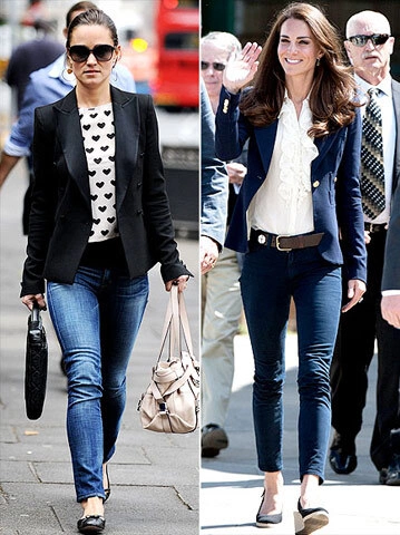 A tailored jacket is the Middleton women's favorite way to polish off frocks or dress up denim. While Pippa revels in a party-perfect tuxedo jacket and heart-print top, Kate reigns supreme in a regal navy Smythe blazer and ruffled blouse with J Brand jeans. A tailored jacket is the Middleton women's favorite way to polish off frocks or dress up denim. While Pippa revels in a party-perfect tuxedo jacket and heart-print top, Kate reigns supreme in a regal navy Smythe blazer and ruffled blouse with J Brand jeans.