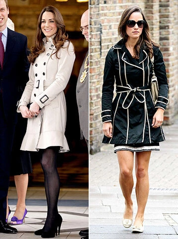 From the skirted hemline on Kate's khaki Burberry coat to the contrast piping on Pippa's black Fay jacket, the English ladies don versions of the wet weather must-have with flare From the skirted hemline on Kate's khaki Burberry coat to the contrast piping on Pippa's black Fay jacket, the English ladies don versions of the wet weather must-have with flare