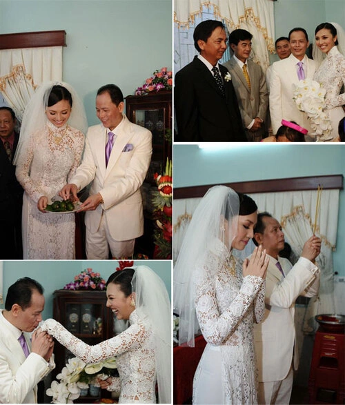 Người đẹp Huỳnh Thanh Tuyền bắt kịp xu hướng mới khi mặc áo dài ren trong lễ rước dâu. Cô dâu đội khăn voan cùng màu áo dài và cùng tông với vest của chú rể. Người đẹp Huỳnh Thanh Tuyền bắt kịp xu hướng mới khi mặc áo dài ren trong lễ rước dâu. Cô dâu đội khăn voan cùng màu áo dài và cùng tông với vest của chú rể.