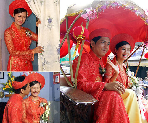 Thanh Thúy và Đức Thịnh ton sur ton với hai màu đỏ và vàng. Thanh Thúy và Đức Thịnh ton sur ton với hai màu đỏ và vàng.