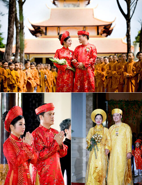 Trong buổi làm lễ tại chùa và lễ rước dâu, Thúy Nga và chú rể đều chọn áo dài truyền thống. Màu sắc vàng, đỏ vừa trang trọng, vừa làm cô dâu và chú rể nổi bật. Trong buổi làm lễ tại chùa và lễ rước dâu, Thúy Nga và chú rể đều chọn áo dài truyền thống. Màu sắc vàng, đỏ vừa trang trọng, vừa làm cô dâu và chú rể nổi bật.