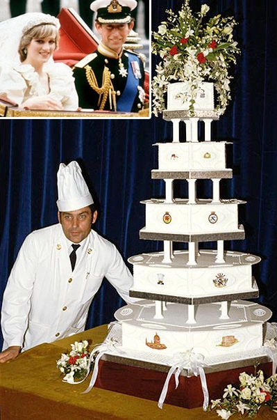 Chiếc bánh cưới năm tầng cao khoảng 1m trong lễ cưới của Thái tử Charles và Công nương Diana tháng 7/1981 do đầu bếp David Avery ở trường dạy nấu ăn hoàng gia đảm nhiệm. Bánh được thiết kế đơn giản và trang trí với hoa hồng, hoa ly cùng hoa lan trắng. Chiếc bánh cưới năm tầng cao khoảng 1m trong lễ cưới của Thái tử Charles và Công nương Diana tháng 7/1981 do đầu bếp David Avery ở trường dạy nấu ăn hoàng gia đảm nhiệm. Bánh được thiết kế đơn giản và trang trí với hoa hồng, hoa ly cùng hoa lan trắng.