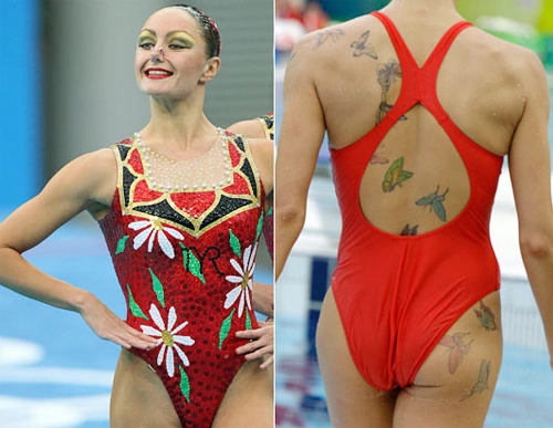 Không xăm biểu tượng Olympic, Anastasia Davydova, VĐV bơi đồng diễn nghệ thuật người Nga có cả một đàn bướm ở sau lưng.