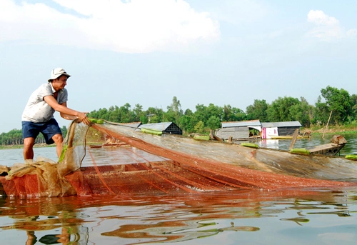 Huy Khánh khá vất vả khi phải học cách sử dụng các vật dụng của ngư dân như lưới Huy Khánh khá vất vả khi phải học cách sử dụng các vật dụng của ngư dân như lưới