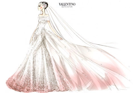 Bản phác thảo chiếc váy cưới pastel hồng mà Valentino dành tặng cho Anne Hathaway. Bản phác thảo chiếc váy cưới pastel hồng mà Valentino dành tặng cho Anne Hathaway.
