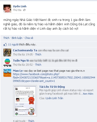 Có không ít status sai sự thật, làm ảnh hưởng trực tiếp đến hình ảnh của cô. Có không ít status sai sự thật, làm ảnh hưởng trực tiếp đến hình ảnh của cô.