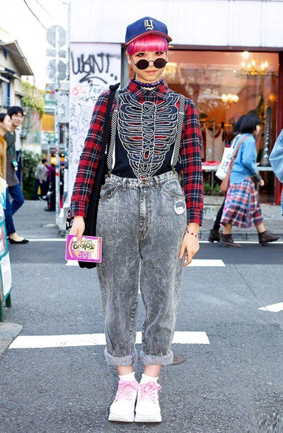 Here's an eye-catching Harajuku girl w/ pink hair wearing rolled up acid wash jeans frm Chicago w/ checkered suspenders, white/pink platform sneakers from Pin Nap Harajuku + a plaid button down shirt and a skeleton vest from Nadia and a black tote bag from American Appare Here's an eye-catching Harajuku girl w/ pink hair wearing rolled up acid wash jeans frm Chicago w/ checkered suspenders, white/pink platform sneakers from Pin Nap Harajuku + a plaid button down shirt and a skeleton vest from Nadia and a black tote bag from American Appare