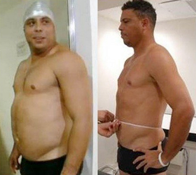 Một Ronaldo béo ục ịch trước khi tham gia chương trình (trái) và một Ronaldo rắn rỏi, khỏe mạnh chỉ 3 tháng sau đó. Một Ronaldo béo ục ịch trước khi tham gia chương trình (trái) và một Ronaldo rắn rỏi, khỏe mạnh chỉ 3 tháng sau đó.