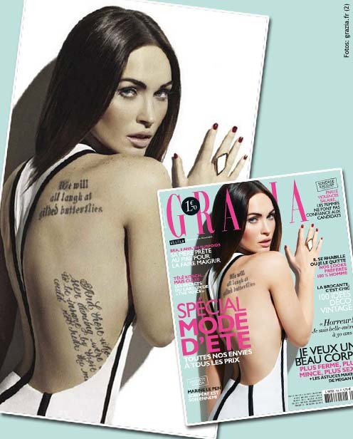 Megan Fox đã bị xóa hình xăm 4 dòng chữ lớn bên mạn sườn khi cô lên trang bìa tạp chí Grazia tháng 4. Megan Fox đã bị xóa hình xăm 4 dòng chữ lớn bên mạn sườn khi cô lên trang bìa tạp chí Grazia tháng 4.