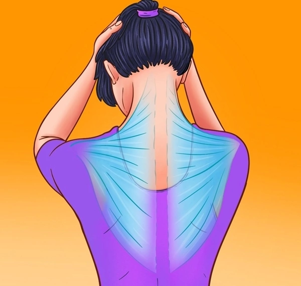 Hai tay đặt lên phía trước trán, kéo đầu cúi về phía trước để thư giãn toàn bộ vùng cổ, vai và gáy. Giữ trong 10 giây. Lặp lại động tác 8 lần.