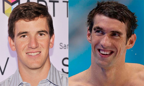 Cựu cầu thủ bóng đá kiểu Mỹ Eli Manning (trái) và đồng hương nổi tiếng là siêu kình ngư Michael Phelps.