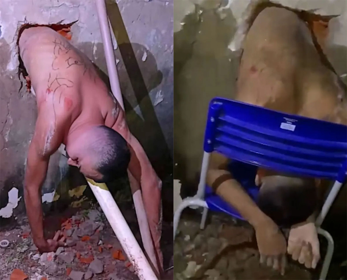 Lính cứu hỏa đưa cho tù nhân một chiếc ghế để đỡ phần thân của anh này trên sau khi nó bắt đầu căng ra vì treo lủng lẳng trên tường một thời gian. Ảnh: Viral Press