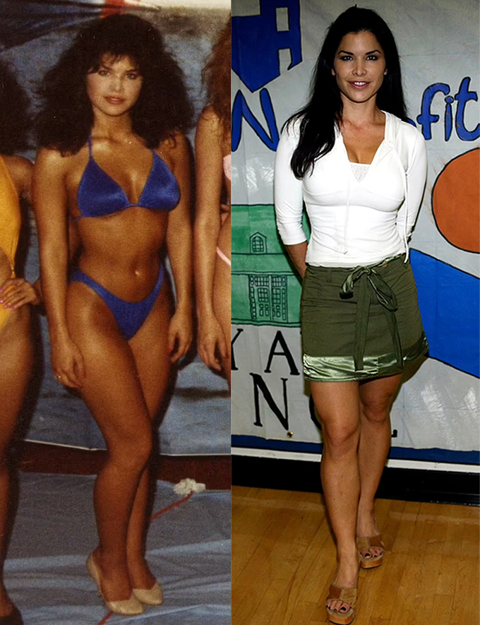 Lauren Sanchez khi đi thi tuyển làm tiếp viên hàng không (trái) và khi làm phóng viên (phải).