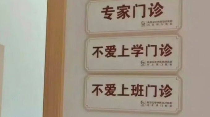 Biển hiệu phòng khám ghét đi học (giữa) và ghét đi làm (dưới cùng) ở tỉnh Hà Bắc, Trung Quốc. Ảnh: The Star