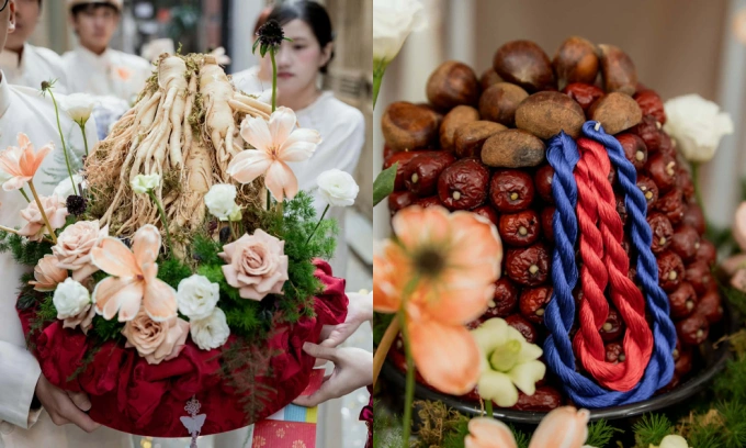 Tráp ăn hỏi nhân sâm, táo tàu, được gói theo phong cách bojagi. Ảnh: NVCC