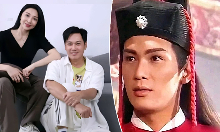 妻のPhương Tâm Việnさんとチャン・チーキョンさんの写真、右側には展昭を演じるチャンさんの姿